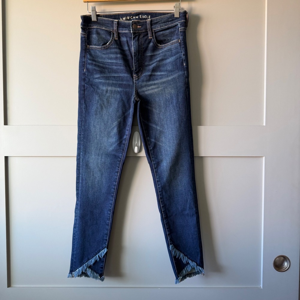 American Eagle Skinny Jeans Womens Sz 8 Dark Wash Fringed Tulip Hem High Rise